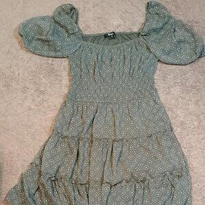 Trixxi Dress Womens Medium Green Block Print Smocked Puff Sleeve Boho Cottagecor